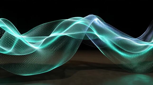 Quantum sensor technology navigation. A glowing, flowing digital mesh wave composed of bright light particles on a dark background.