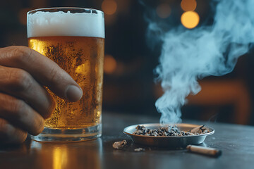 Relaxing with a beer and cigarette. Refreshing drink, smoke, and contemplation.