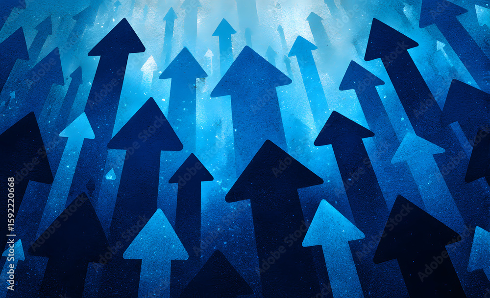 Poster blue background with many arrows pointing upwards. the arrows are in different sizes and are scatter