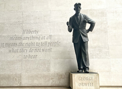 London- George Orwell statue outside the BBC building in central London. British author of 1984 and animal farm with famous quote