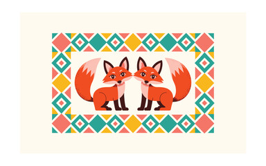 Two Cute Foxes in Love with Geometric Border, Retro Animals in Frame, Abstract Fox, Valentines Day Art Print, Nursery Wall Art