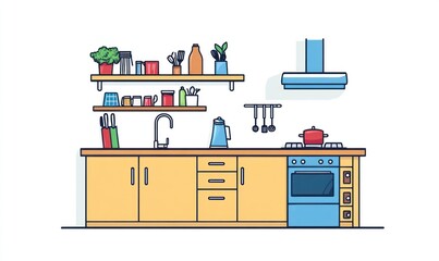 Colorful flat line drawing of a modern kitchen.  Simple design