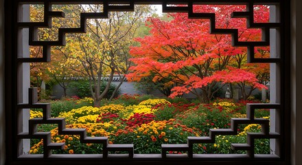 An eye-level shot of a beautifully intricate Chinese lattice window, through which a vibrant autumn garden with chrysanthemums and changing leaves is visible.