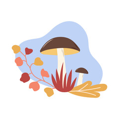 Edible mushrooms boletus and autumn leaves. Autumn harvest and gifts of the forest. Vector illustration.