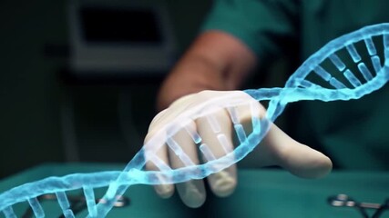 Surgeon in Gloves Examining Rotating DNA Strand, Medical Innovation Concept - Powered by Adobe