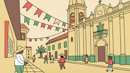 Discover the charm of a latin american town square with historic church and festive decorations today