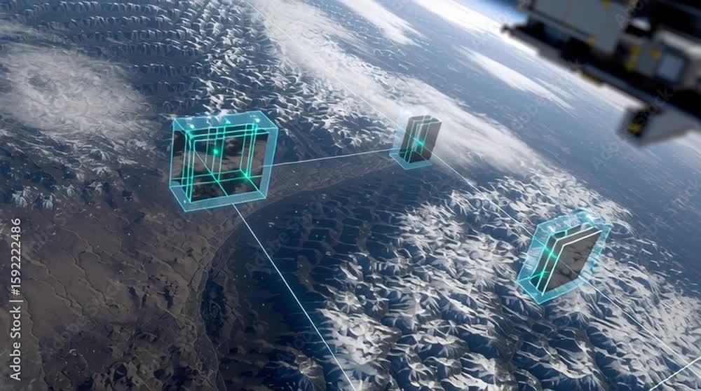 Poster quantum sensor technology navigation. digital satellites with glowing edges are interconnected above