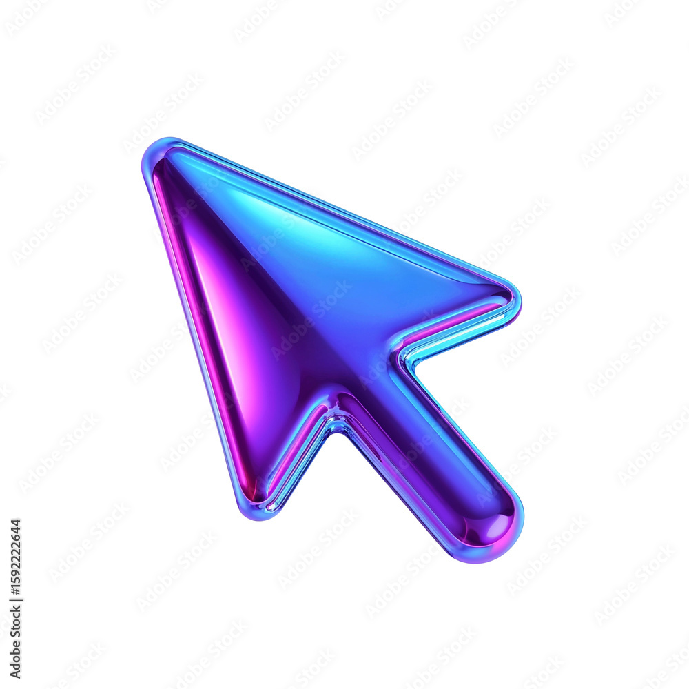 Poster iridescent cursor on transparent backdrop, navigation symbol with gleaming metallic gradients,