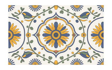Seamless Floral Pattern with a Retro Aesthetic: Decorative Flowers, Leaves, and Vines in Blue, Yellow, and Green Colors, Isolated on Ivory White