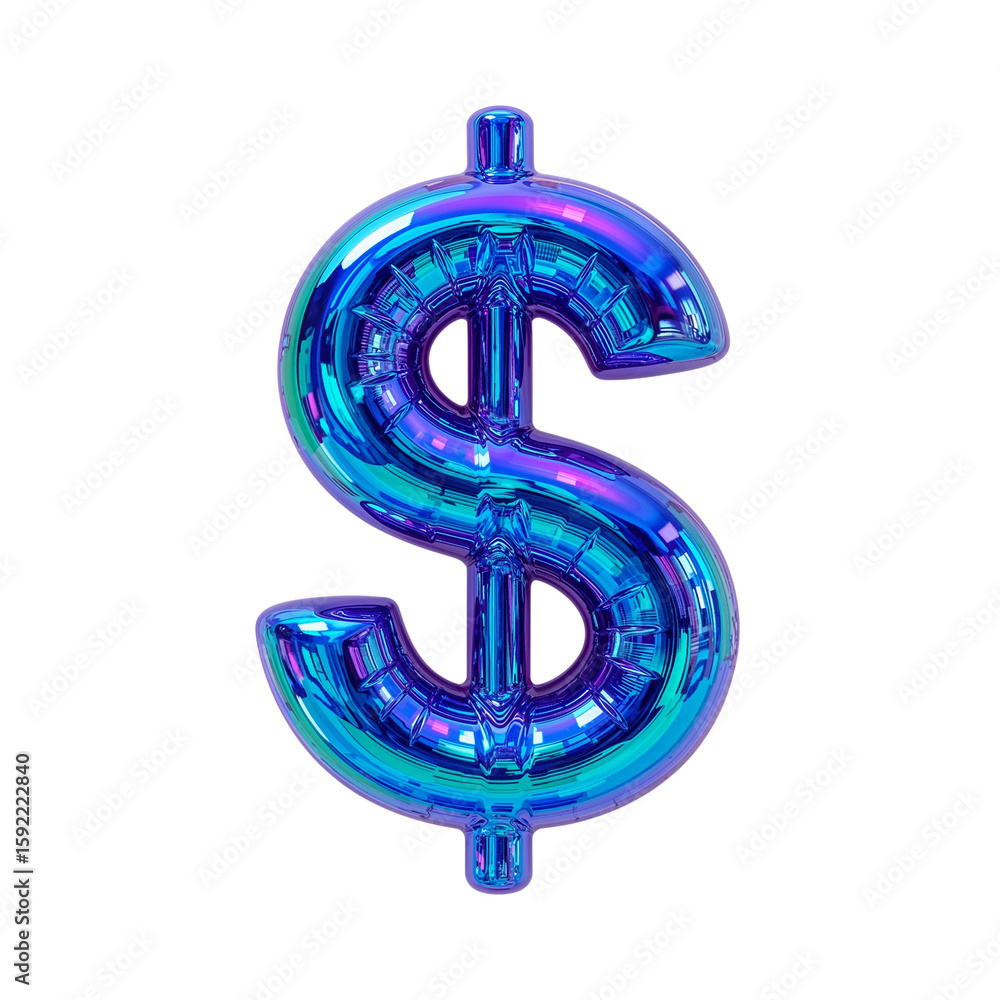 Poster iridescent dollar symbol floats in a void, shimmering with otherworldly light on transparent