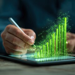 Person Using Stylus to Draw Green Growth Chart on Tablet