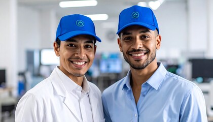 Two men in blue caps, smiling, in a modern office setting