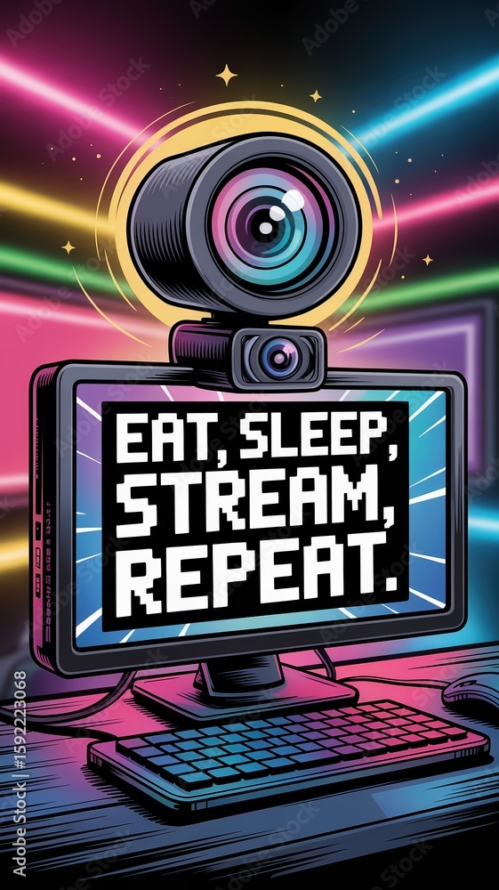 Fototapete unique computer setup featuring vibrant lights with a message about streaming lifestyle and gaming c