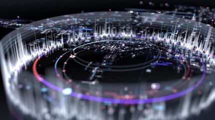 Quantum sensor technology navigation. A futuristic digital data visualization featuring circular graphs, spikes, and glowing lines on a dark background. - Powered by Adobe