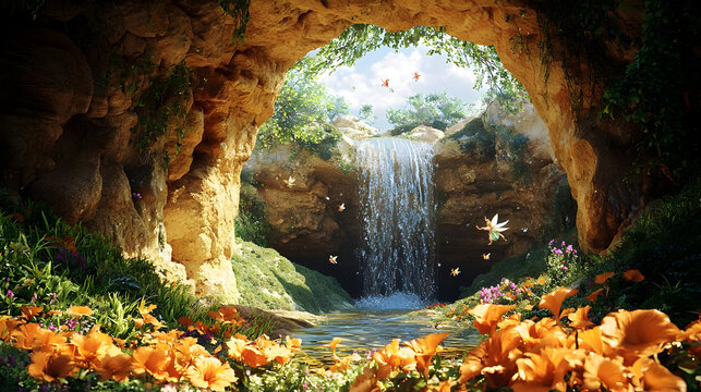 Lush cave opening reveals a waterfall cascading into a tranquil pool, surrounded by vibrant flowers and foliage. Butterflies flutter amidst the greenery, creating a magical scene - Powered by Adobe