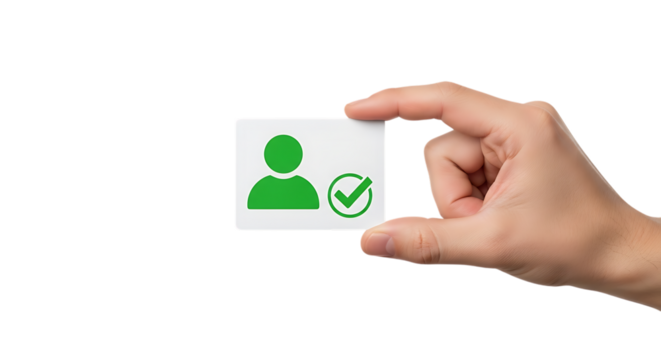Hand holding a square card with a green user profile icon and checkmark isolated on transparent background - Powered by Adobe