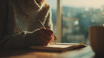 Woman Writing in Notebook by Window with Sweater and Coffee Cup Detail