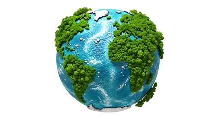 Illustration of a vibrant planet earth covered in lush green trees and blue oceans