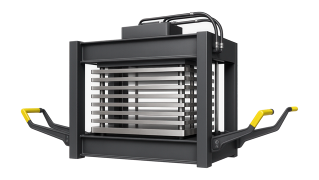 Multi-layer hot press with automated loading system for high-volume production of laminated boards in a construction materials factory