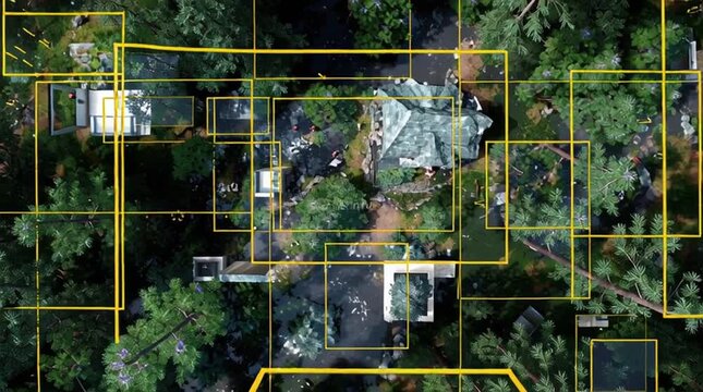 Quantum sensor technology navigation. Aerial view of a house surrounded by dense forest with yellow analysis boxes overlaid for object detection.