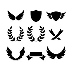 Obraz premium Laurel wreath, shield, wing, ribbon, and banners vector set. Laurel wreaths, shields, wings, ribbons illustration for awards, heraldry, logos, badges, and branding designs .
