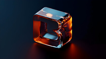 Translucent cube, amber interior, dark background.  Detailed view of a glassy cube, showcasing an amber interior with a slightly shattered, or carved, effect.