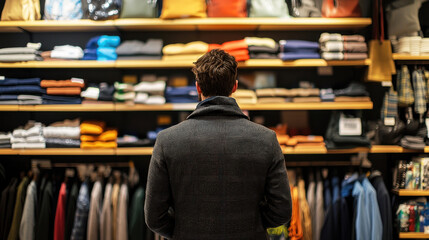 A man in a suit standing in front of a clothing store display.