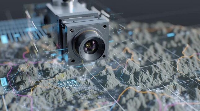 Quantum sensor technology navigation. A futuristic camera hovers over a digital map with topographic and data overlays, highlighting advanced geospatial technology.