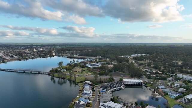 Aerial 360 view of Yarrawonga, bridge, lake Mulwala, dead trees and the surrounding, Victoria Australia.