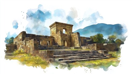 Ingapirca Ruins. Ingapirca Ruins hand drawn watercolor illustration