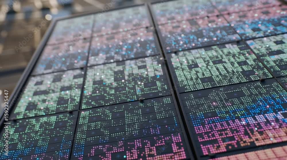 Poster quantum sensor technology navigation. a shiny, high-tech solar panel with colorful reflections is sh