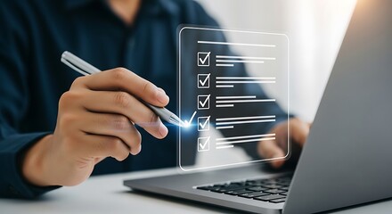 Illustration of person checking off tasks on a digital checklist on a laptop