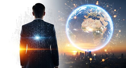 Illustration of businessman facing a glowing digital earth and cityscape