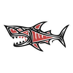 A bold red and black tribal shark design symbolizing power, movement, and fierce tradition. vector illustration design