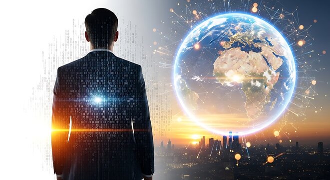 Illustration of businessman facing a glowing digital earth and cityscape