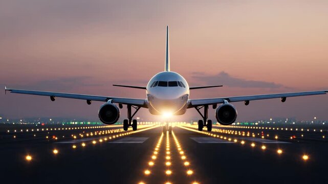 Airplane on runway illuminated by lights during sunset with vibrant sky and clouds in background