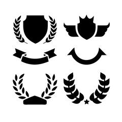 Fototapeta premium Vintage educational coat of arms set with university college and academy elements isolated vector illustration. Laurel wreaths, shields, ribbons illustration for awards,badges, and branding designs 