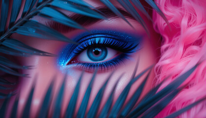 Surreal Close-Up of Glamorous Eye with Blue Makeup and Pink Hair in Tropical Leaves