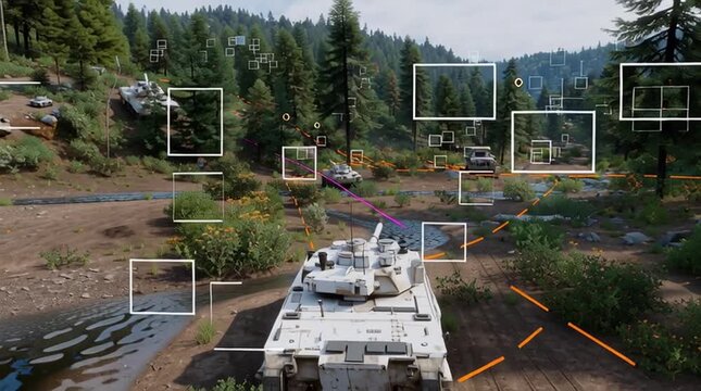 Quantum sensor technology navigation. A military tank navigates a forested terrain with digital overlays highlighting objects, indicating AI-based target recognition.