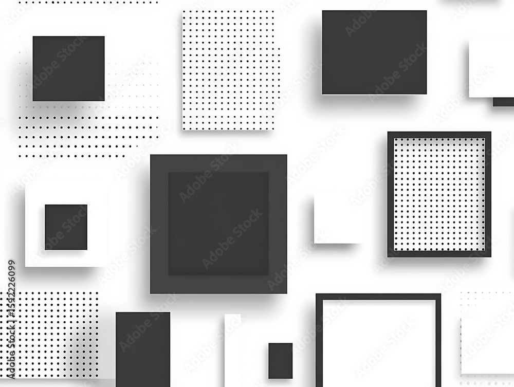 Poster monochrome geometric shapes pattern with squares and dots creating a modern design aesthetic