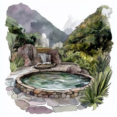 Papallacta Hot Springs. Papallacta Hot Springs hand drawn watercolor illustration