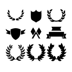 Vintage educational coat of arms set with university college and academy elements isolated vector illustration. Laurel wreaths, shields, ribbons illustration for awards,badges, and branding designs
