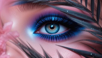 Surreal Close-Up of Glamorous Eye with Blue Makeup and Pink Hair in Tropical Leaves
