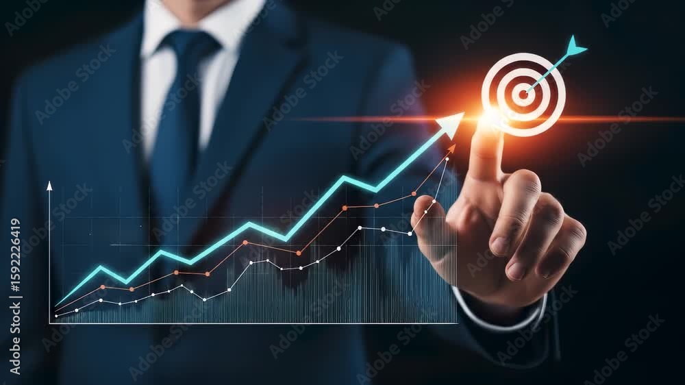 Poster businessman using holographic interface to point at a rising graph arrow hitting a target. symbolize