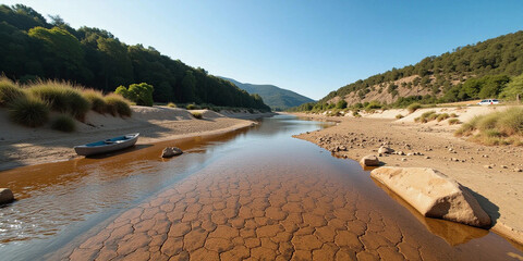 Drought, natural disaster. Shallow drying river. Climate change due to global warming.