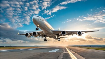 Fototapeta premium Commercial Airplane Taking Off from Runway at Sunrise with Dramatic Sky