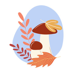 Edible mushrooms orange cap boletus and autumn leaves. Autumn harvest and gifts of the forest. Vector illustration.