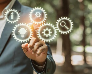 Businessman interacting with glowing digital gears representing business processes and ideas isolated on white background