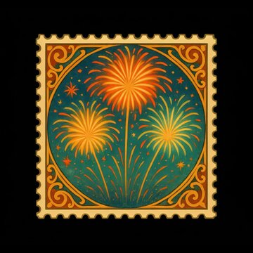 Vintage fireworks stamp illustration animation isolated asset, transparent 4K video, alpha channel, ProRes 4444