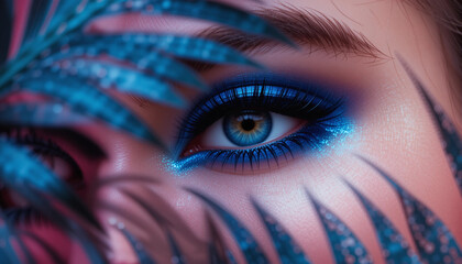 Surreal Close-Up of Glamorous Eye with Blue Makeup and Pink Hair in Tropical Leaves